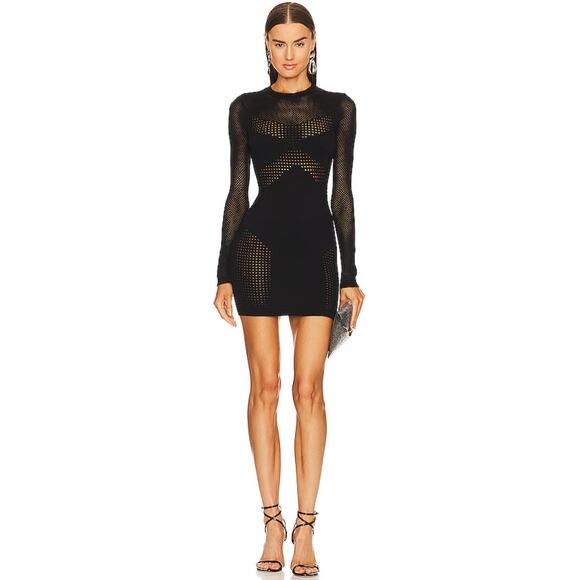 Michael Costello x Revolve Women's Black Bodycon Fabian Mixed Mesh Mini Dress - Picture 1 of 9